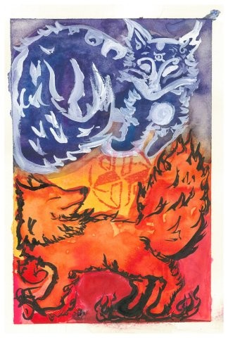 Sun Fox and Moon Wolf (watercolor)